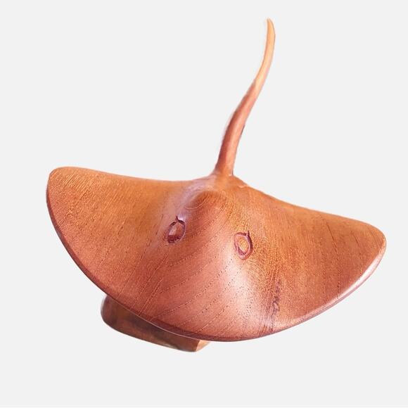 Vintage Stingray Handcarved Dogwood & Mahogany Wooden Sculpture on Raw Edge Base
